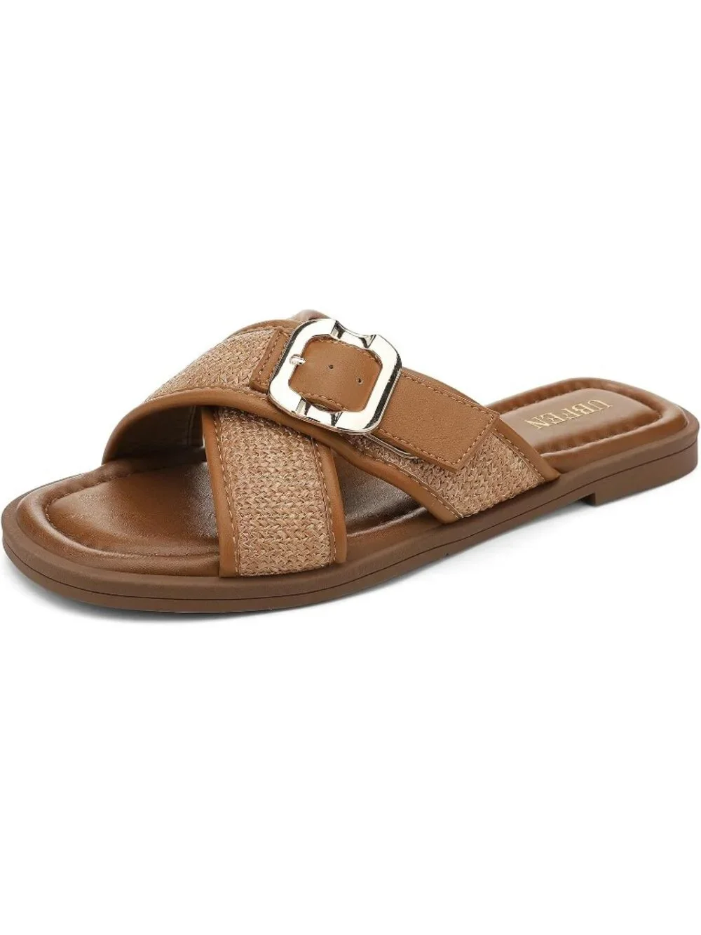 Women's Tan Square Toe Flat Sandals Slides Dressy Comfortable for Casual